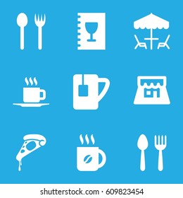 Cafe icons set. set of 9 cafe filled icons such as spoon and fork, coffee, pizza, tea cup, cup, shop, menu, table under umbrella