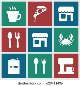 Cafe icons set. set of 9 cafe filled icons such as crab, spoon and fork, coffee, pizza, shop, menu, coffee machine, store