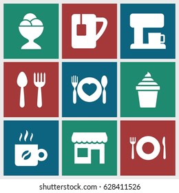 Cafe icons set. set of 9 cafe filled icons such as spoon and fork, plate fork and spoon, ice cream in can, ice cream ball, plate with spoon and fork, tea cup, coffee