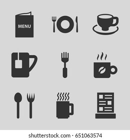 Cafe icons set. set of 9 cafe filled icons such as plate fork and spoon, coffee cup, fork, tea cup, menu, coffee, mug