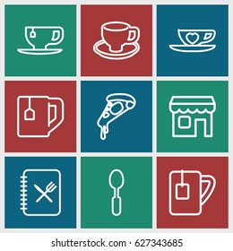 Cafe icons set. set of 9 cafe outline icons such as pizza, tea cup, coffee cup, spoon, cup with heart, shop