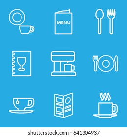 Cafe icons set. set of 9 cafe outline icons such as plate fork and spoon, dish, tea cup, cup, menu, coffee machine