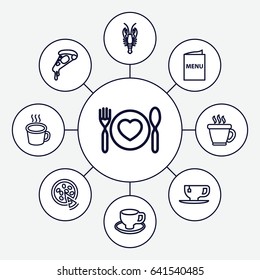 Cafe icons set. set of 9 cafe outline icons such as crab, coffee, pizza, tea cup, coffee cup, plate with spoon and fork, cup