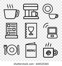 Cafe icons set. set of 9 cafe outline icons such as plate fork and spoon, dish, menu, coffee, coffee machine, laptop signal