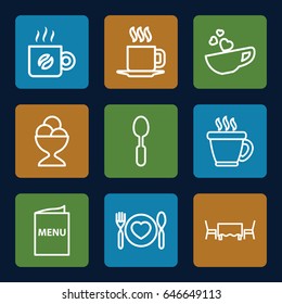 Cafe icons set. set of 9 cafe outline icons such as coffee, ice cream ball, spoon, plate with spoon and fork, cup with heart, cup, menu