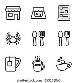 Cafe icons set. set of 9 cafe outline icons such as spoon and fork, crab, fork and spoon, cup with heart, tea cup, cup, shop