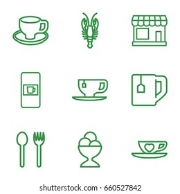 Cafe icons set. set of 9 cafe outline icons such as vending machine, store, crab, ice cream ball, tea cup, coffee cup, cup with heart