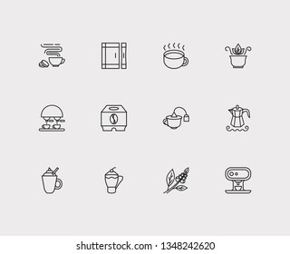 Cafe icons set. Coffee beans and cafe icons with mocha pot, sugar sachet and tea bag cup. Set of container for web app logo UI design.