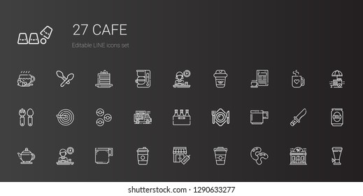 cafe icons set. Collection of cafe with beans, coffee, stores, coffee cup, breakfast, teapot, mug, plate, beer, food truck, donuts, knife, cutlery. Editable and scalable cafe icons.