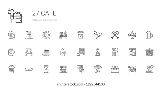 cafe icons set. Collection of cafe with beer, stool, stores, food stand, coffee cup, baguettes, coffee, cutlery, mug, cake slice, drink, fork. Editable and scalable cafe icons.