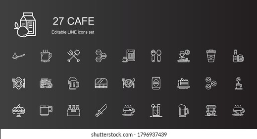 cafe icons set. Collection of cafe with beer, soft drink, tea, knife, mug, cup, cake slice, breakfast, food and restaurant, food truck, plate. Editable and scalable cafe icons.