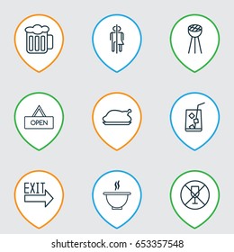 Cafe Icons Set. Collection Of Bowl, Alcohol Forbid, Grill And Other Elements. Also Includes Symbols Such As Soup, Pint, Chicken.