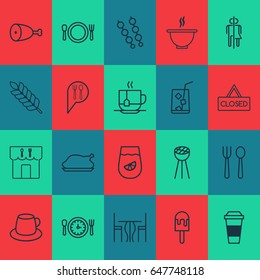 Cafe Icons Set. Collection Of Check In, Dining Room, Chicken Fry And Other Elements. Also Includes Symbols Such As Popsicle, Time.