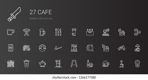 cafe icons set. Collection of cafe with coffee, beer, stool, soft drink, teapot, pub, pizza, plate, coffee maker, spoon, donut, food truck, breakfast. Editable and scalable cafe icons.