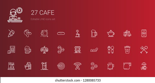 cafe icons set. Collection of cafe with coffee cup, donuts, stool, knife, soft drink, breakfast, coffee maker, cutlery, cup, food stand, macarons. Editable and scalable cafe icons.