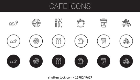 cafe icons set. Collection of cafe with cup, knife, cutlery, coffee cup, coffee, ice cream truck. Editable and scalable cafe icons.