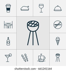 Cafe Icons Set. Collection Of Dessert, Dining, Stick Batbecue And Other Elements. Also Includes Symbols Such As Dining, Dinning, Alcohol.