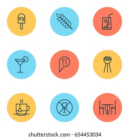 Cafe Icons Set. Collection Of Dining Room, Wheat, Lolly And Other Elements. Also Includes Symbols Such As Barbecue, Dinning, Grill.