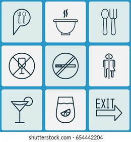 Cafe Icons Set. Collection Of Doorway, Alcohol Forbid, Stop Smoke And Other Elements. Also Includes Symbols Such As Fork, Restrict, Drinking.