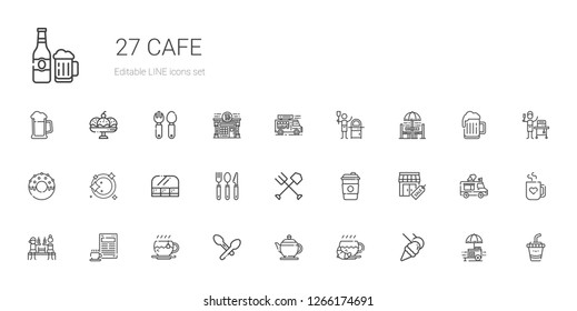 cafe icons set. Collection of cafe with food and restaurant, coffee, teapot, spoon, tea, beer, stores, fork, cutlery, plate, donut, chair and table. Editable and scalable cafe icons.