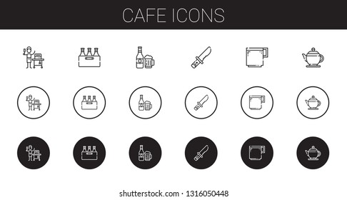 cafe icons set. Collection of cafe with food and restaurant, beer, knife, coffee cup, teapot. Editable and scalable cafe icons.