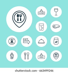Cafe Icons Set. Collection Of Food Mapping, No Drinking, Dining And Other Elements. Also Includes Symbols Such As Restroom, Outlet, Exit.