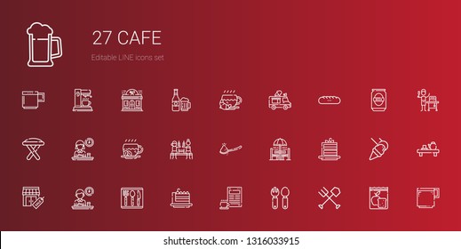 cafe icons set. Collection of cafe with fork, cutlery, coffee, cake slice, breakfast, stores, chair and table, spoon, beer, stool, baguettes. Editable and scalable cafe icons.