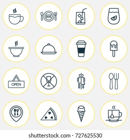 Cafe Icons Set. Collection Of Hot Drink, Pepperoni, Board And Other Elements. Also Includes Symbols Such As Bowl, Restaurant, Toilet.