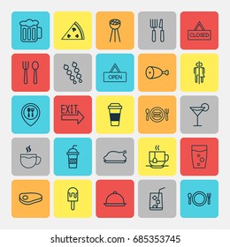 Cafe Icons Set. Collection Of Lemon Juice, Steak, Soda And Other Elements. Also Includes Symbols Such As Tray, Fry, Sorbet.