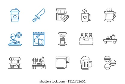 cafe icons set. Collection of cafe with macarons, beer, coffee cup, food stand, tea, meal, breakfast, mug, stores, knife, coffee. Editable and scalable cafe icons.