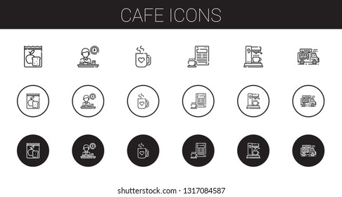 cafe icons set. Collection of cafe with meal, breakfast, mug, coffee, coffee maker, food truck. Editable and scalable cafe icons.