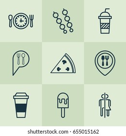 Cafe Icons Set. Collection Of Meal Hour, Check In, Pepperoni And Other Elements. Also Includes Symbols Such As Map, Espresso, Pizza.
