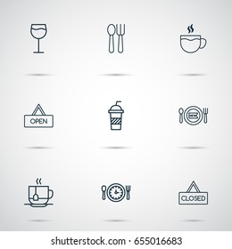 Cafe Icons Set. Collection Of Meal Hour, Cutlery, Tea And Other Elements. Also Includes Symbols Such As Wineglass, Open, Drink.