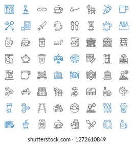 cafe icons set. Collection of cafe with mug, plate, spoon, breakfast, coffee, beer, drink, food truck, cutlery, donut, ice cream truck, stool. Editable and scalable cafe icons.