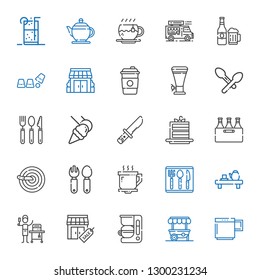 cafe icons set. Collection of cafe with mug, food stand, coffee maker, stores, food and restaurant, tea, cutlery, coffee cup, knife, beer, cake slice. Editable and scalable cafe icons.