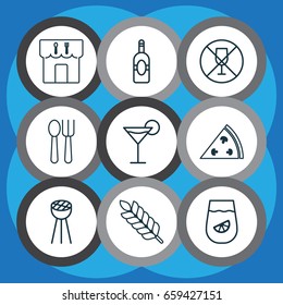 Cafe Icons Set. Collection Of Restaurant, Alcohol Forbid, Cutlery And Other Elements. Also Includes Symbols Such As Plant, Hooch, Bar.