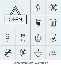Cafe Icons Set. Collection Of Restroom, Alcohol Forbid, Ale And Other Elements. Also Includes Symbols Such As Board, Bbq, Open.