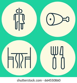 Cafe Icons Set. Collection Of Restroom, Fried Poultry, Dining Room And Other Elements. Also Includes Symbols Such As Fried, Poultry, Fork.