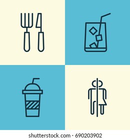 Cafe Icons Set. Collection Of Silverware, Soda, Lemon Juice And Other Elements. Also Includes Symbols Such As Soda, Juice, Toilet.