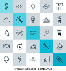 Cafe Icons Set. Collection Of Soda, Wheat, Pepperoni And Other Elements. Also Includes Symbols Such As Board, Chicken, Dessert.