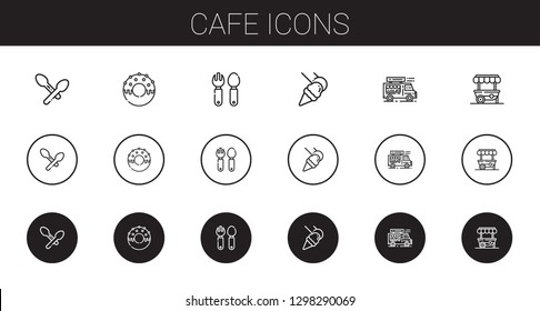 cafe icons set. Collection of cafe with spoon, donut, cutlery, food and restaurant, food truck, food stand. Editable and scalable cafe icons.