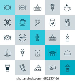 Cafe Icons Set. Collection Of Stop Smoke, Coffee Cup, Hot Drink And Other Elements. Also Includes Symbols Such As Juice, Toilet, Beef.