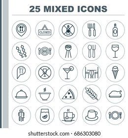 Cafe Icons Set. Collection Of Sundae, Pepperoni, Lemonade And Other Elements. Also Includes Symbols Such As Dinning, Hot, Platter.