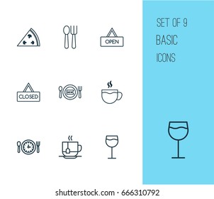 Cafe Icons Set. Collection Of Tea, Pepperoni, Closed Placard And Other Elements. Also Includes Symbols Such As Dinner, Drink, Pizzeria.