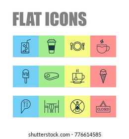 Cafe icons set with dining room, steak, tea and other sundae elements. Isolated vector illustration cafe icons.