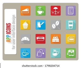 Cafe icons set in flat design with long shadow