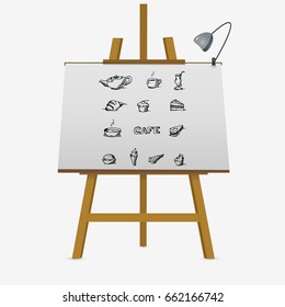 Cafe icons set. Ice cream, tea, food, beverage, juice, cake, cafe. Easel hand drawn vector stock illustration