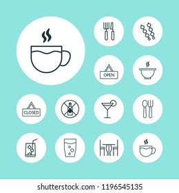 Cafe icons set with opened placard, alcohol forbid, glass and other no drinking elements. Isolated vector illustration cafe icons.