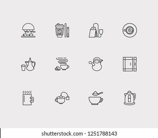 Cafe icons set. Paper cup and cafe icons with sugar spoon, cookie and arabic coffee pot. Set of teakettle for web app logo UI design.