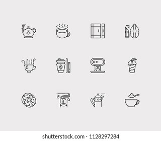 Cafe icons set. Takeaway tea and cafe icons with smoothie, sugar spoon and donut. Set of green for web app logo UI design.